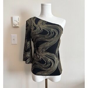 Vintage Cache Top Medium Black Gold Embellished 90s Y2K One Shoulder Goth
